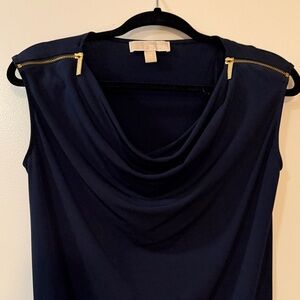 Michael Kors Navy Sleeveless Cowl Neck Top with Gold Zipper Detail